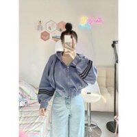 Áo Khoác Hoodie Nữ Kiểu Croptop Phối Viền Sọc Tay Có Nón Vải Thun Nỉ Ngoại Mềm Mịn Nhiều Màu - XANH DƯƠNG - L