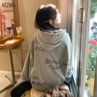 Áo khoác Hoodie nữ màu xám in hình dáng rộng có khóa kéo dài