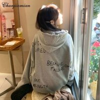 Áo khoác Hoodie nữ màu xám in hình dáng rộng có khóa kéo dài