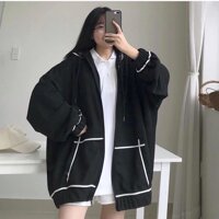 Áo Khoác Hoodie Quây Viền Tay Bồng, Áo Nỉ Nữ Khóa Kéo Kèm Mũ, Áo Jacket Viền Trắng 3 Màu ĐEN XAN - Màu Đen
