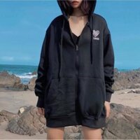 Áo Khoác Hoodie Thêu TRÁI TIM HEART Unisex Form Thụng - ĐEN,Size L