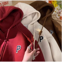 Áo Khoác Hoodie Zip 3 Màu Nam Nữ Ulzzang Unisex - Áo khoác nỉ mũ form rộng nỉ bông thêu chữ P