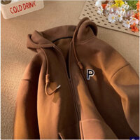 Áo Khoác Hoodie Zip 3 Màu Nam Nữ Ulzzang Unisex - Áo khoác nỉ mũ form rộng nỉ bông thêu chữ P