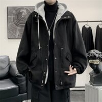 Áo khoác hoodie zip nam form rộm có mũ màu đen, be giả 2 lớp chất thời trang