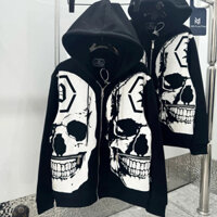 Áo khoác hoodie zip nam nữ Philipp Plein nỉ bông in hình đầu lâu trắng khoá zip logo bụng boy phố HZ56P