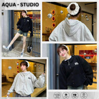 Áo khoác hoodie zip nút bấm - Áo khoác nỉ BOXY MON dập nổi, in nổi ,có túi trong Aqua UNISEX NAM NỮ