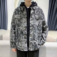 Áo Khoác jacket denim Thiết kế nút Thời Trang Hàn Quốc Họa áo khoác form rộng Dành Nam Họa tiết in cá tính áo khoác bomber