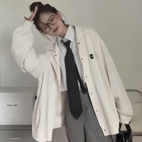 Áo Khoác Jacket nữ form rộng DESTINY màu KEM/XANH NAVY 🖤 Nam nữ unisex/FREESHIP 🖤 Áo khoác nút bấm chất pici mịn mát