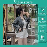 Áo khoác jean croptop tay dài, áo khoác nữ phối túi kiểu cá tính VIENS STORE