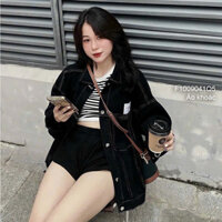 Áo khoác jean đen cổ bẻ form rộng tay dài cá tính