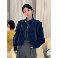 Áo khoác jean denim cổ đứng màu xanh có khóa kéo cho nữ phong cách mới bán chạy thu đông nam nữ