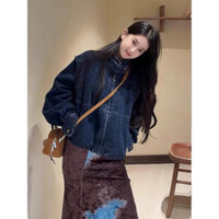 Áo khoác jean denim cổ đứng màu xanh có khóa kéo cho nữ phong cách mới bán chạy thu đông nam nữ