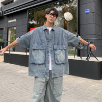 Áo khoác jean denim nam unisex tay ngắn form rộng, áo khoát jacket denim ngắn tay phối túi 1824