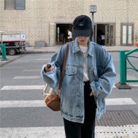 Áo Khoác Jean Denim Tay Dài Dáng Rộng Phong Cách Ullzang Hàn Quốc Dễ Phối Đồ Unisex, XUONGMAYSIGIARE