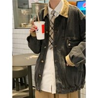 Áo khoác jean màu xám có túi trong phối nhung hiện tại cho nam + nữ form rộng size 40-75kg Matasport