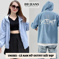 Áo khoác jean màu xanh nam nữ unisex BB Jeans có mũ jean chống nắng - có dây kéo - có 4 túi size 40-85kg Limit