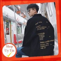 Áo khoác jean nam in chữ vàng, Áo khoác bò nam màu đen cá tính