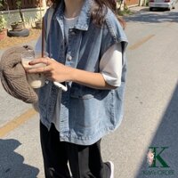 Áo khoác jean nam nữ màu xanh và đen gile sát nách phom rộng basic phong cách retro Ulzzang Hàn Quốc cá tính năng động