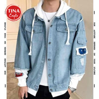 Áo khoác jean nam phối thun có nón phong cách sành điệu - XANH - M