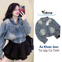 Áo Khoác Jean Nữ Chất Bò Nút Bấm Phong Cách Hàn Quốc, Áo Khoác Vải Bò Túi Lắp Có Khóa Kéo