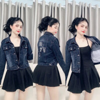 Áo khoác jean nữ chất jean thun màu Xám đen_thêu chữ_chất co giãn nhẹ_ có túi trong_ size dưới 58kg mặc vừa - Hàng mới v