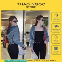 Áo khoác jean nữ croptop có mũ tay dài dây rút eo khóa kéo (có sẵn, hình thật) THẢO NGỌC STORE - Hàng mới về