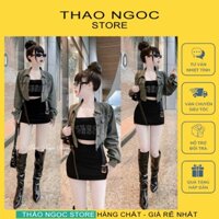 Áo khoác jean nữ croptop tay dài 2 túi nắp đính full đá (có sẵn, hình thật) THẢO NGỌC STORE