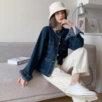 Áo khoác Jean nữ dài tay, áo khoác jean không cổ phong cách Ulzzang_G8 dày dặn, nịnh dáng dễ dàng kết hợp với váy
