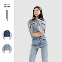Áo Khoác Jean Nữ Form Croptop TOTODAY Denim & French Terry, Chất Vải Phối Da Cá Thoáng Mát, Nhẹ