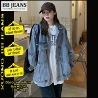 Áo khoác jean nữ FORM RỘNG 3 túi Queen - 4 túi trơn logo BB - áo túi Zip mũ nỉ size 40-75kg BB Jeans