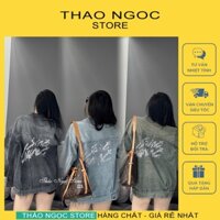 Áo khoác jean nữ form rộng tay dài lưng chữ đính đá (có sẵn, hình thật) THẢO NGỌC STORE