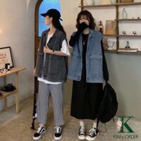 Áo khoác jean nữ sát nách phong cách Ulzzang retro Hàn Quốc cá tính năng động màu xanh và màu đen phom rộng chất đẹp
