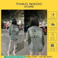 Áo khoác jean nữ tay dài form rộng lưng thêu GU đính đá (có sẵn, hình thật) THẢO NGỌC STORE