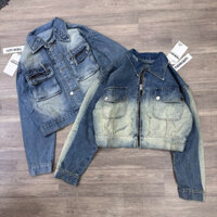 Áo Khoác Jean Nữ Túi Hộp Loang Màu Khoá Kéo Túi Dài Tay