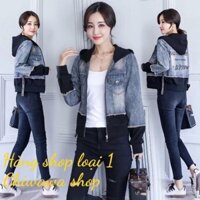 Áo khoác jean nữ xám đen có mũ sau đính nỉ in nổi - Hàng shop cao cấp freesize dưới 58Kg BB098