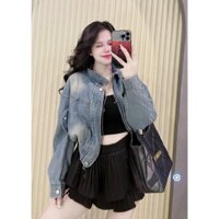 áo khoác jean phối màu bạc dây kéo croptop nút kèm dây kéo bo chun lz