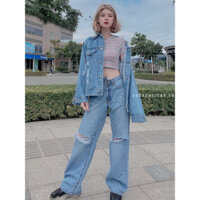 Áo khoác jean Rách oversize xanh vintage form unisex nam nữ style ulzzang có 6 túi
