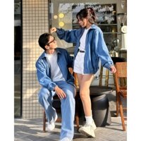 Áo khoác Jeans Dây Kéo Nam Nữ UNISEX xanh wash cổ bẻ phối khoá đồng KB3 4 Túi ( Có Túi Trong)