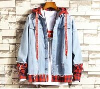 Áo khoác Jeans Nam Unisex phối nón Caro sọc đỏ cao cấp - L