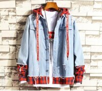 Áo khoác Jeans Nam Unisex phối nón Caro sọc đỏ cao cấp - L