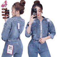 Áo khoác jeans nữ form lửng đính ngọc cao cấp dáng ngắn tay dài phong cách hàn quốc mẫu mới thời trang 2021