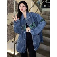 Áo khoác Jeans nữ form rộng, thêu chữ, siêu cá tính, Áo khoác bò dài tay kiểu dáng Unisex K03