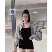 Áo khoác jeans xanh bạc dáng rộng bo tay cổ sơ mi có khoá kéo form dáng đẹp chất demin xịn