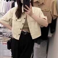 Áo Khoác Kaki Jean Nữ Croptop Cộc Tay Áo Khoác Form Rộng Unisex Phong Cách Hàn Quốc