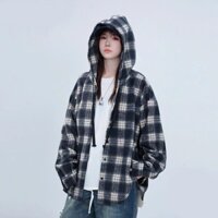 Áo khoác kẻ có mũ dáng rộng, áo chống nắng dài tay có mũ cho Nam Nữ vải dạ kẻ_L2