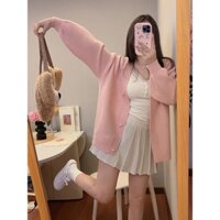 Áo Khoác Kiểu Mới Mùa Thu Áo Cardigan Dệt Kim Rộng Rãi Phong Cách Học Đường Áo Len Dáng Nhỏ Sữa Mềm