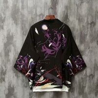 Áo khoác kimono tay lửng in hoạ tiết chim nhạn và hoa bỉ ngạn tím phong cách Nhật Bản, áo khoác cosplay Nhật Bản.