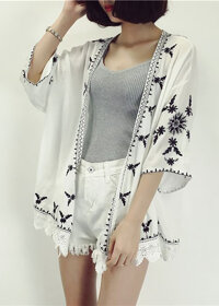 Áo khoác kimono voan ngắn đi biển, viền thổ cẩm mix họa tiết xinh  KM006 - Họa tiết lá - Trắng