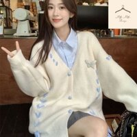 Áo Khoác Len, Áo Cardigan Dáng Dài From Rộng Dễ Mặc Phối Họa Tiết Thêu 2 Màu Phù Hợp Đi Chơi, Dạo Phố Matmat
