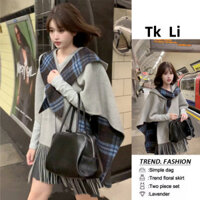 Áo Khoác Len Áo Choàng Tua Rua Kẻ Caro Rộng Rãi Cảm Giác Khí Chất Dáng Nhỏ Thu Đông